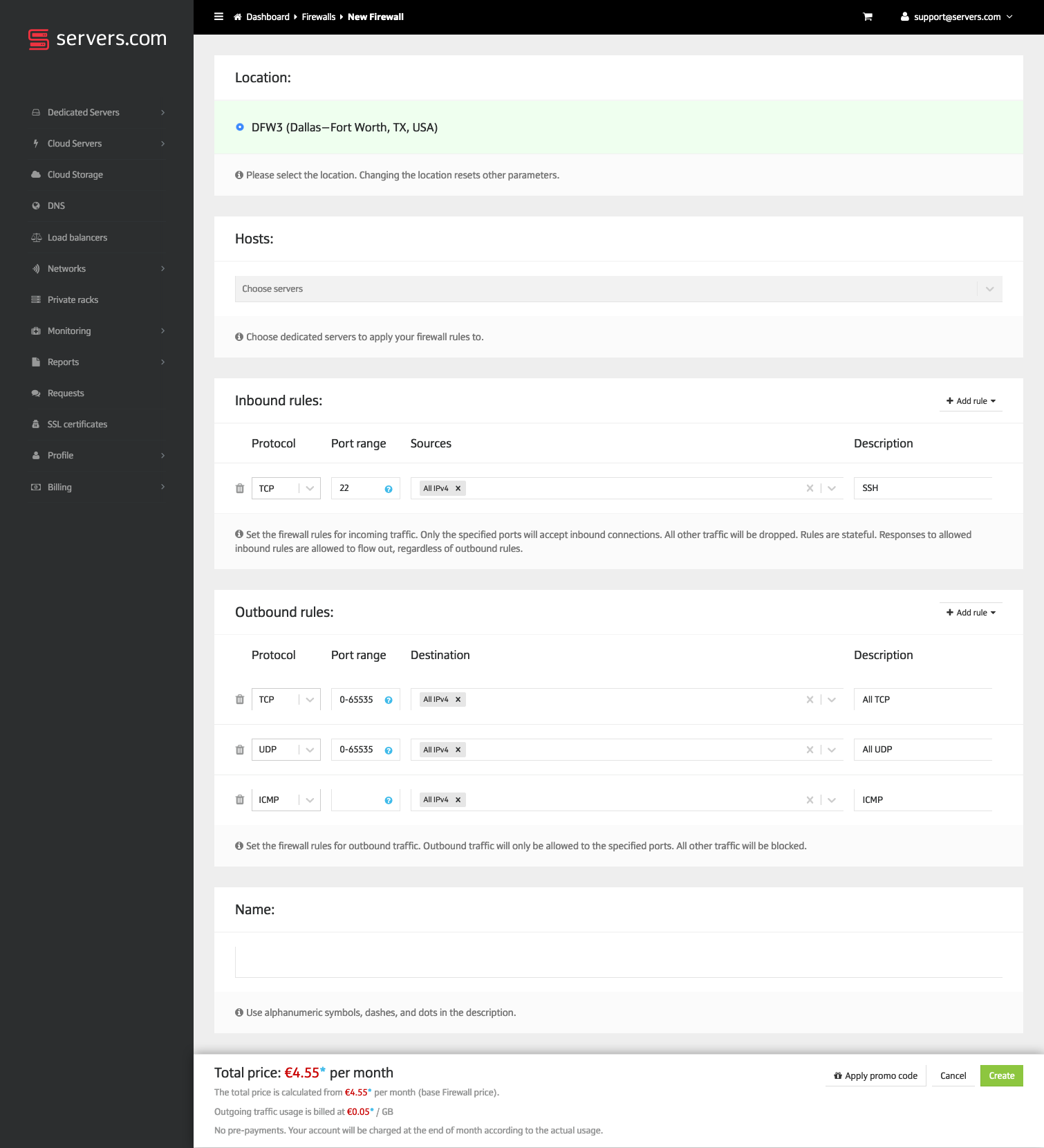 Firewall configuration interface for server network security