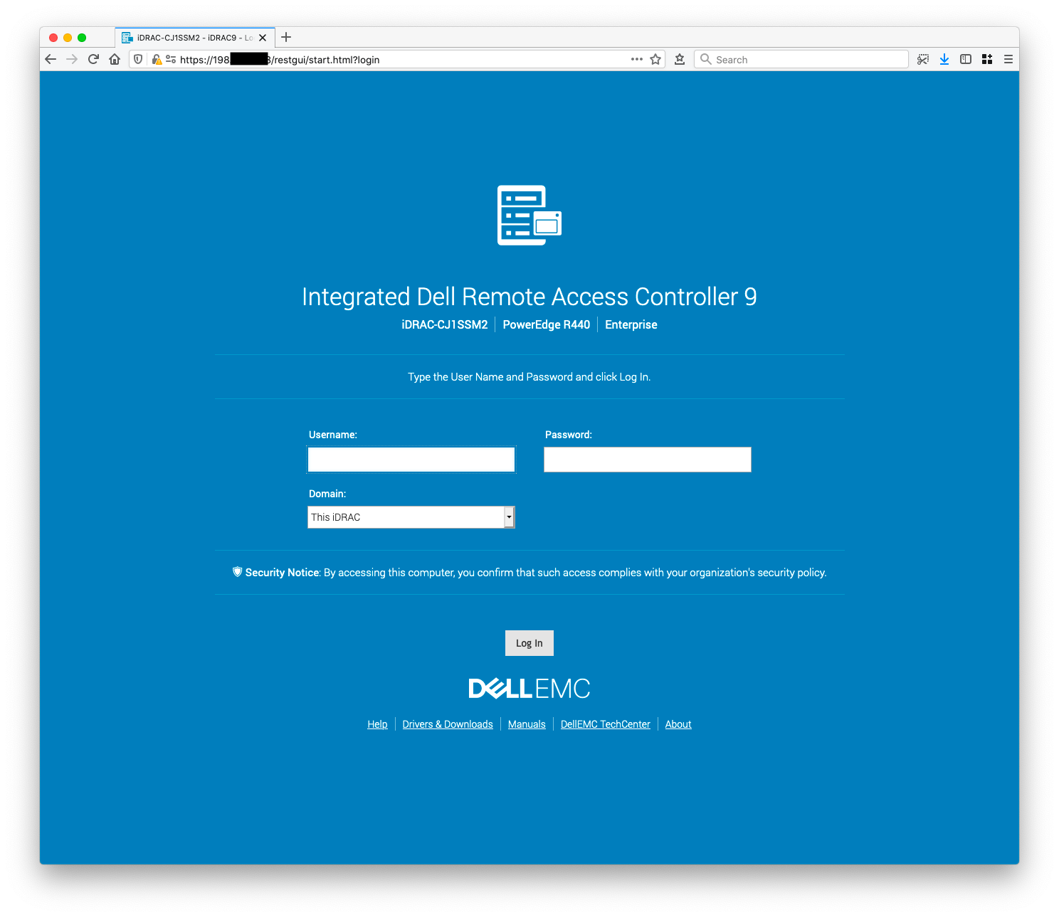 Enter previously received iDRAC credentials on the iDRAC authentication page