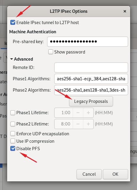 Click on IPsec Settings... button to show IPsec settings