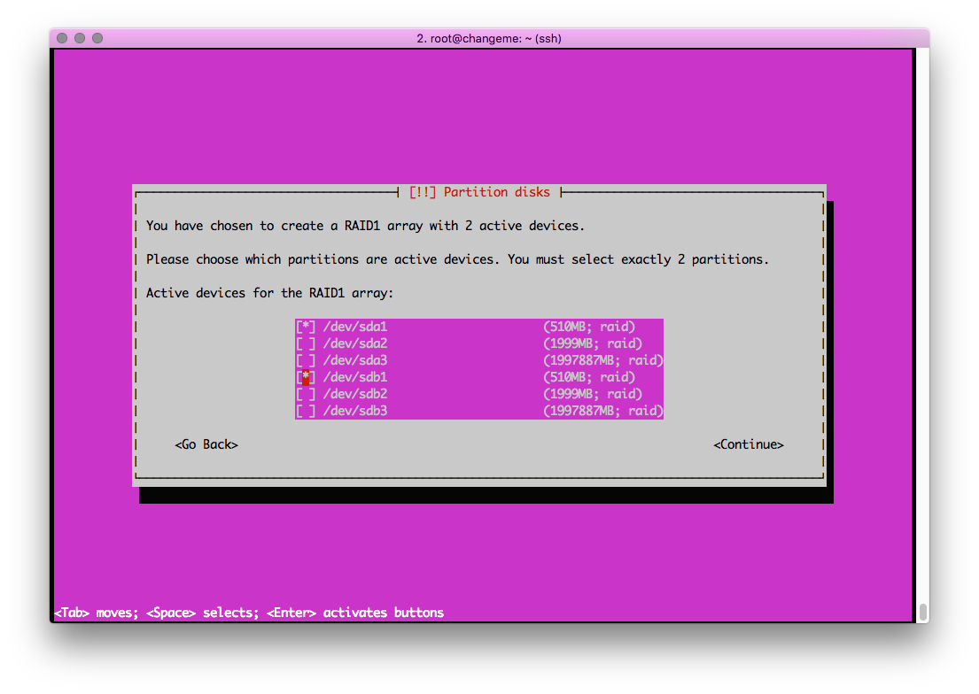 Disk partitioning interface for RAID1 array setup