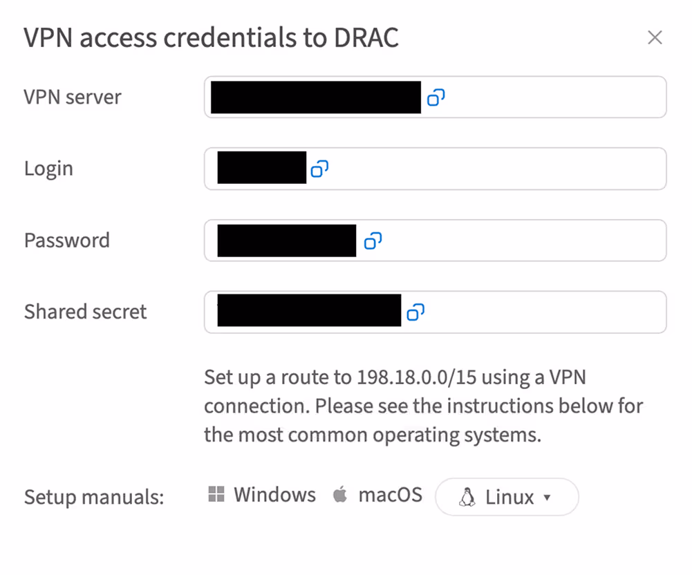 VPN access credentials to DRAC