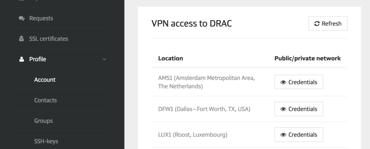 Credentials for setting up a VPN connection to the OoB network