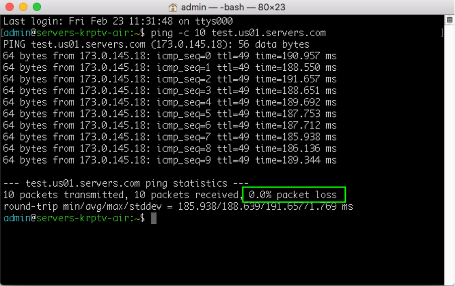 Terminal window showing successful ping command results