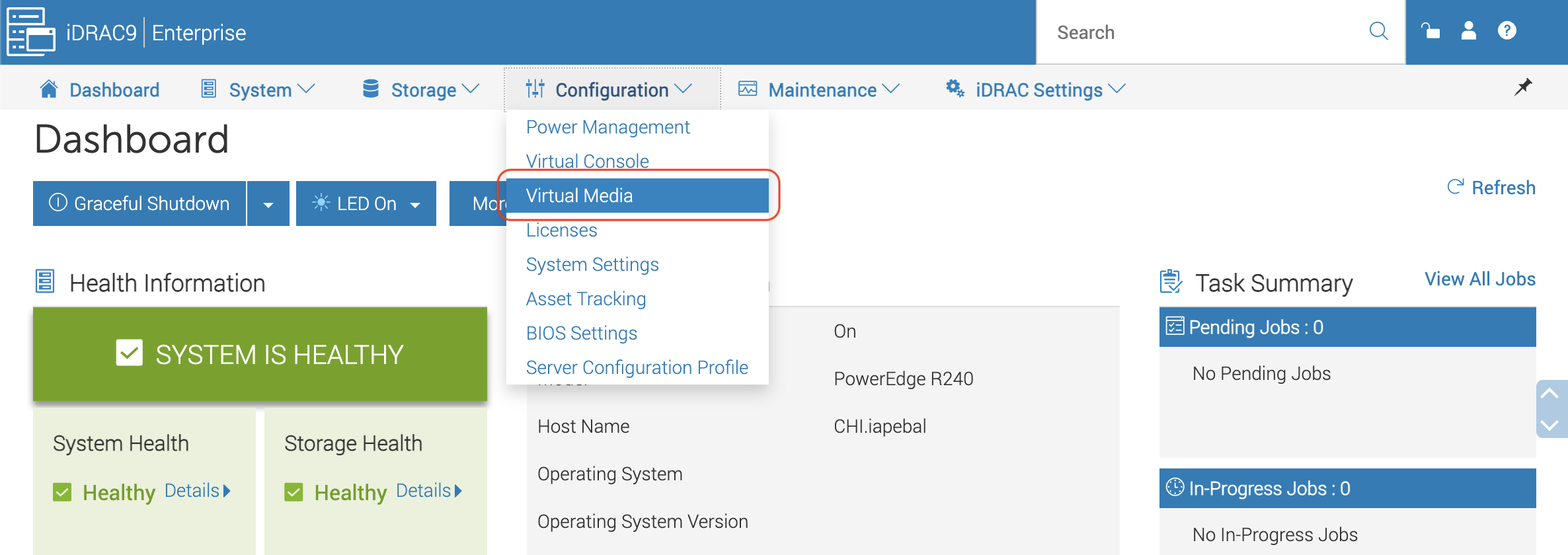 iDrac configuration dashboard