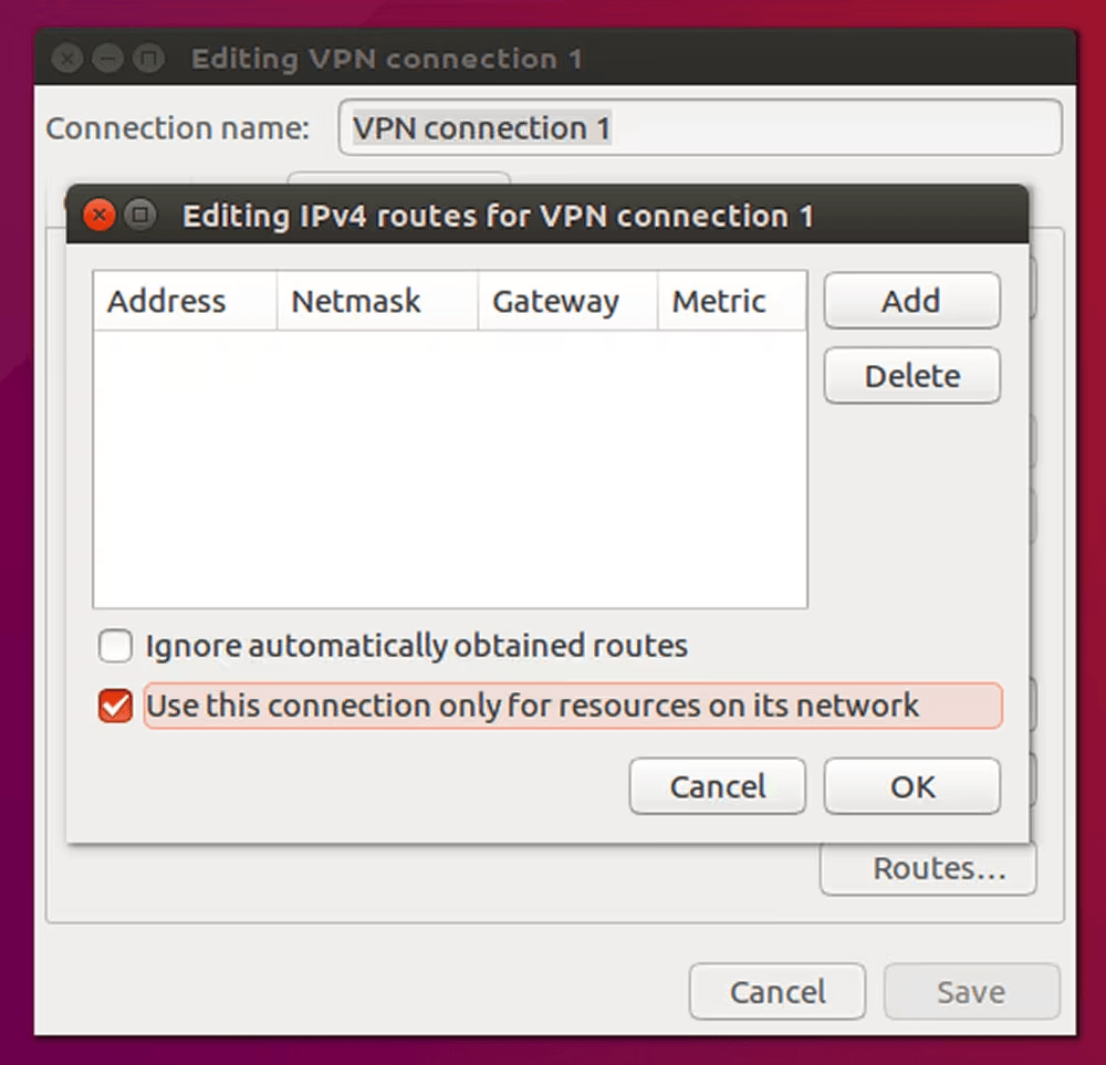 Routes configured to enable access to the iDRAC network