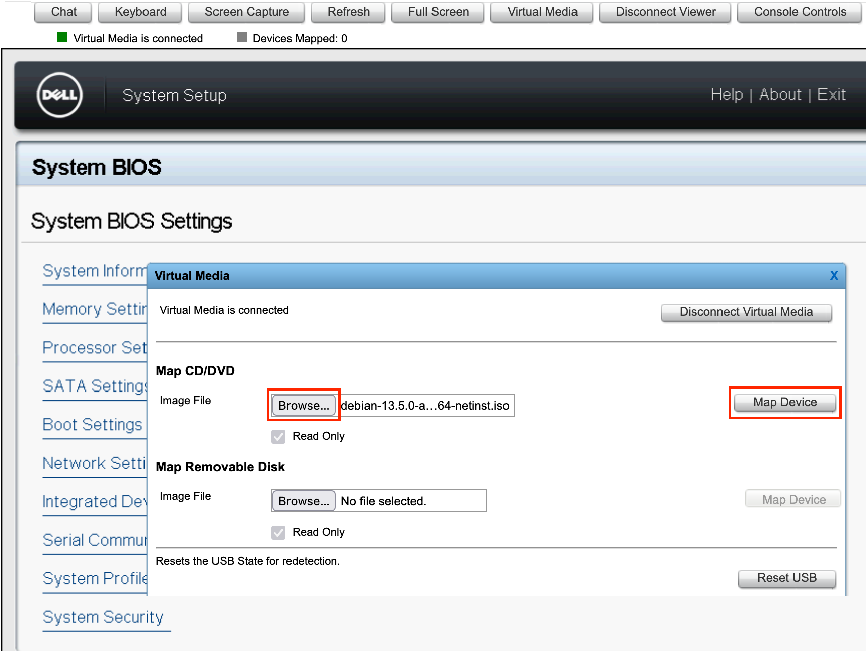Browse a bootable ISO image  and click Map Device