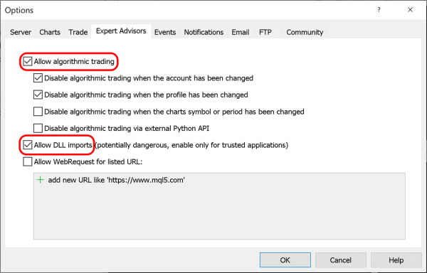 Expert Advisors options in MetaTrader