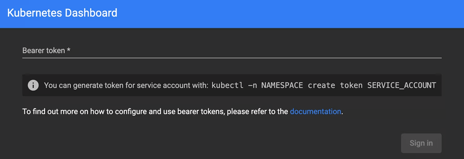Kubernetes Dashboard Bearer Token login screen