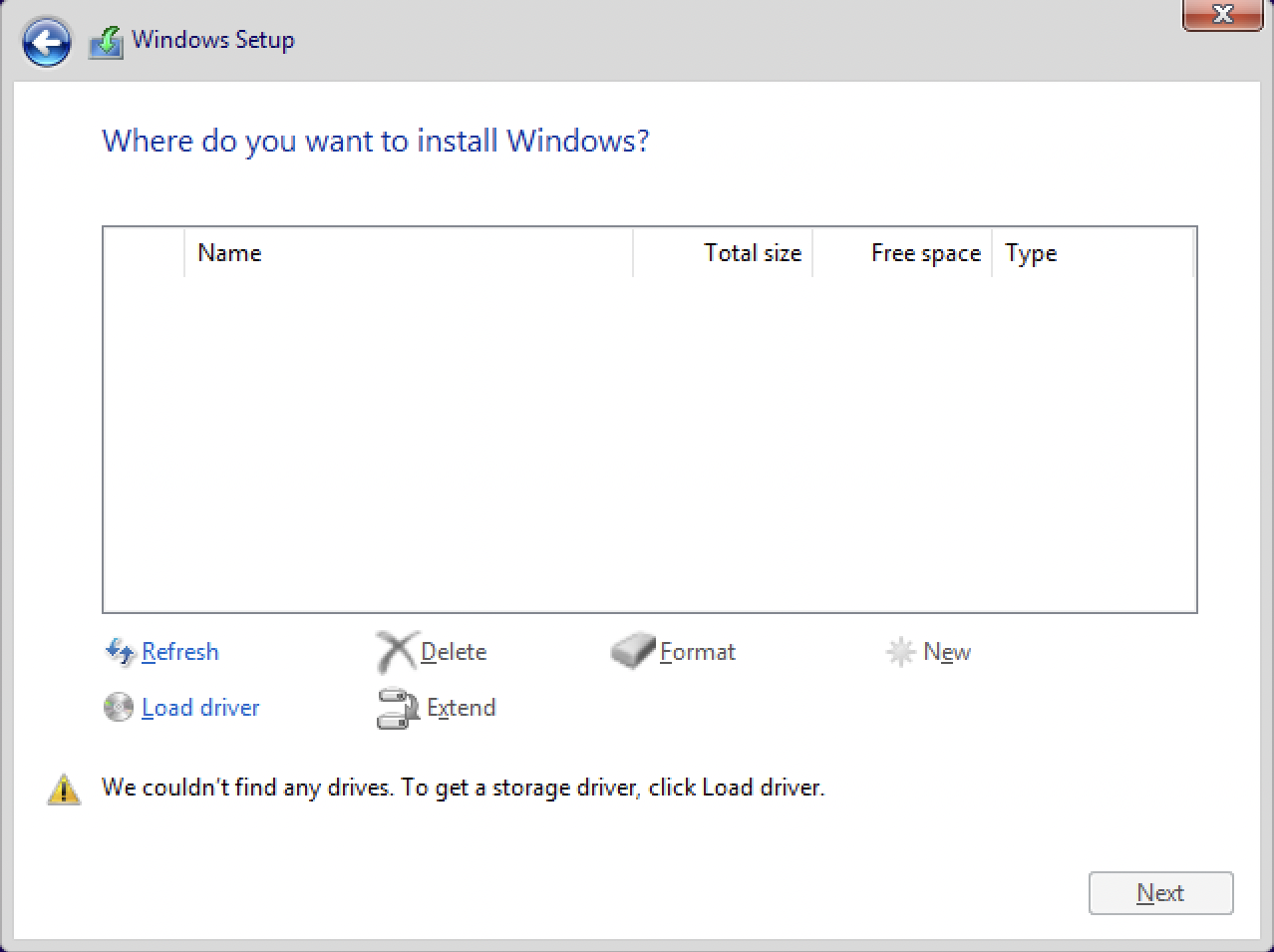 Windows Setup disk selection screen with no available disks listed and the Load driver option shown
