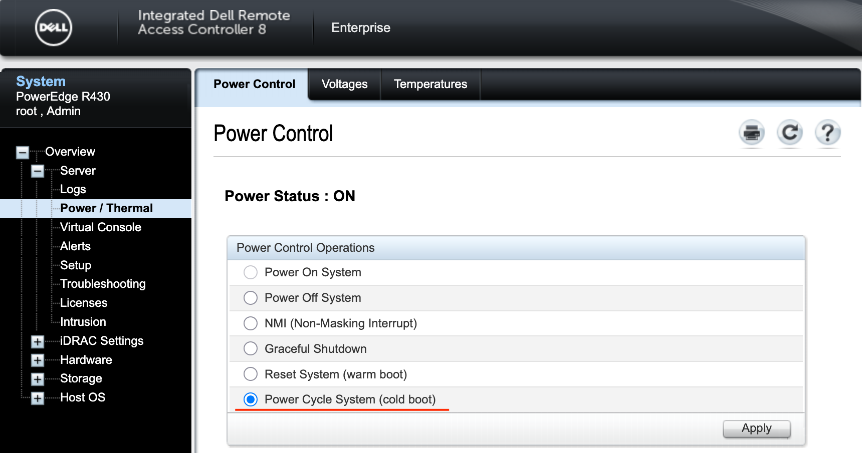 To reboot the server, select Power Cycle System cold boot