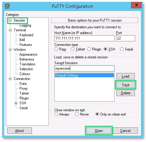PuTTY session configuration