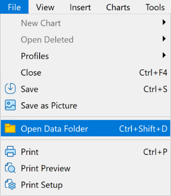 Open Data Folder option in MetaTrader File menu