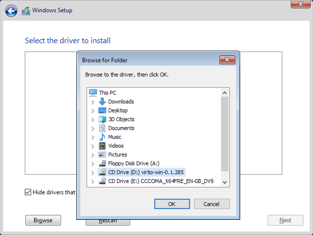 Windows Setup Browse for Folder dialog with the VirtIO ISO selected as CD Drive (D:)