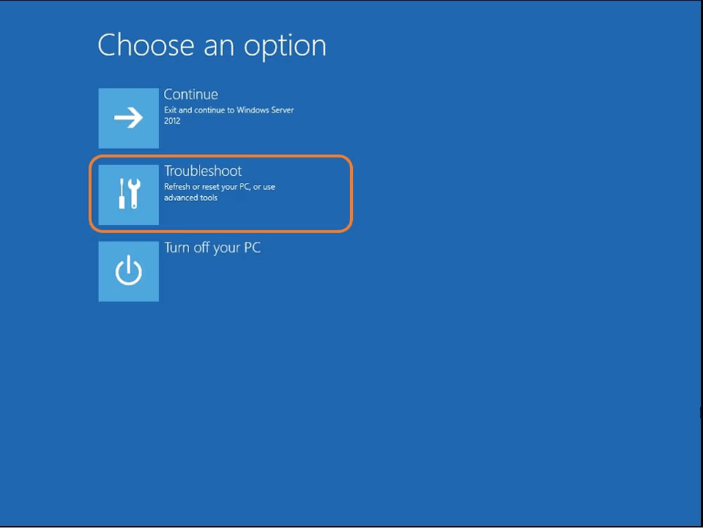 Troubleshoot option on the recovery screen