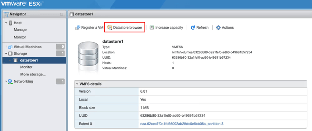 Navigating to the datastore browser in ESXi storage