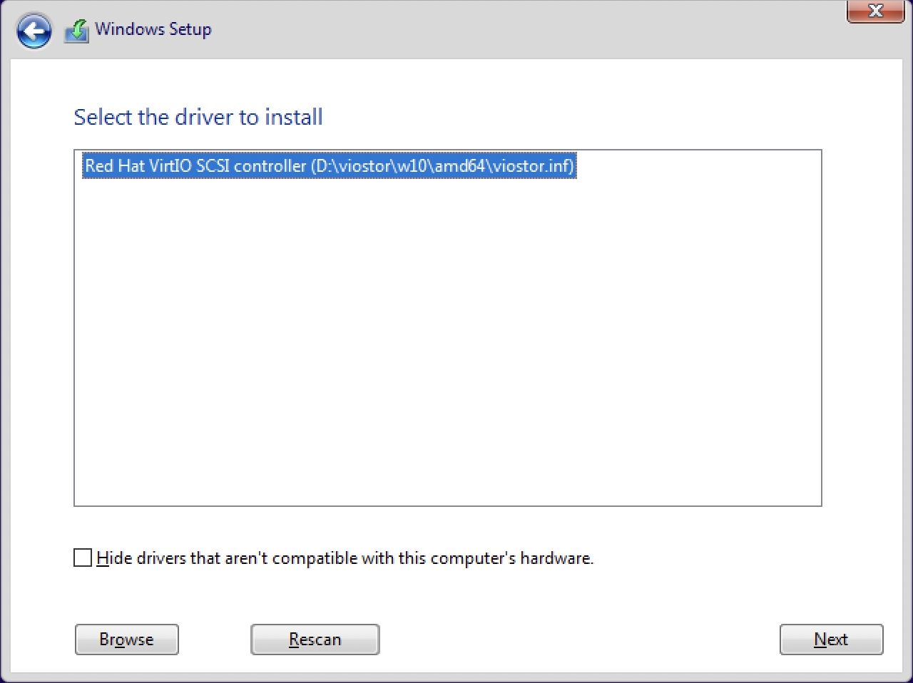 Windows Setup shows the detected Red Hat VirtIO SCSI controller driver selected for installation