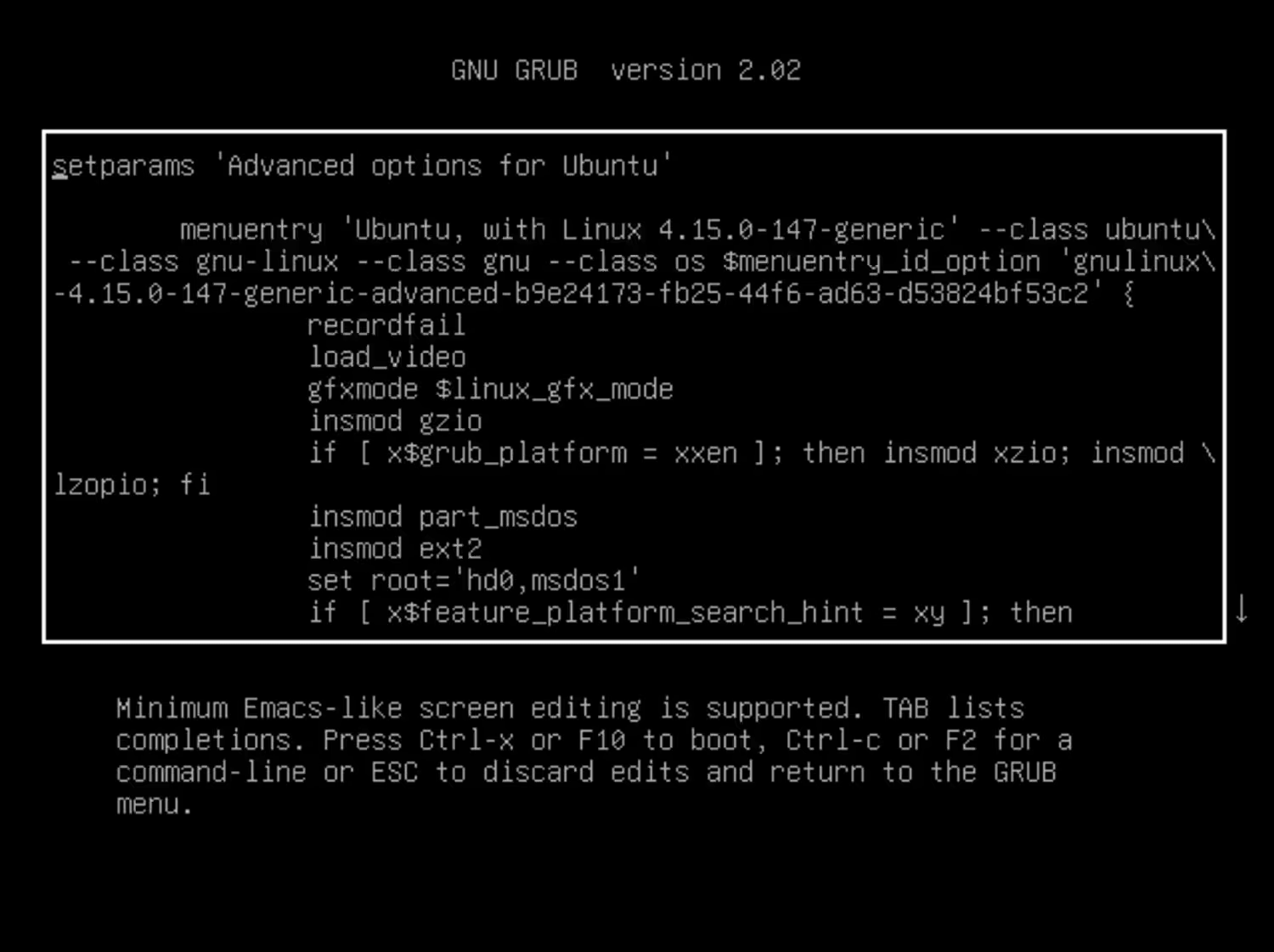 GRUB bootloader with Ubuntu selected for booting