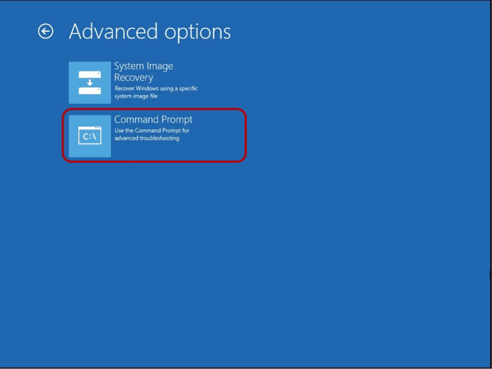 Advanced options screen with Command Prompt selected