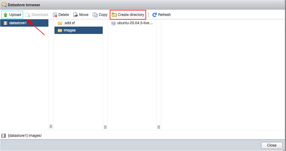 Creating a directory and uploading images in the datastore browser