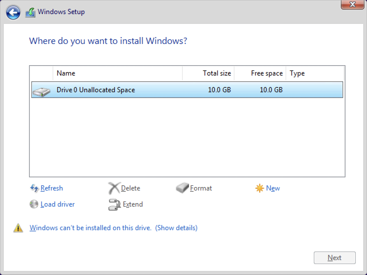 Windows Setup disk selection screen showing Drive 0 Unallocated Space after the VirtIO storage driver is loaded