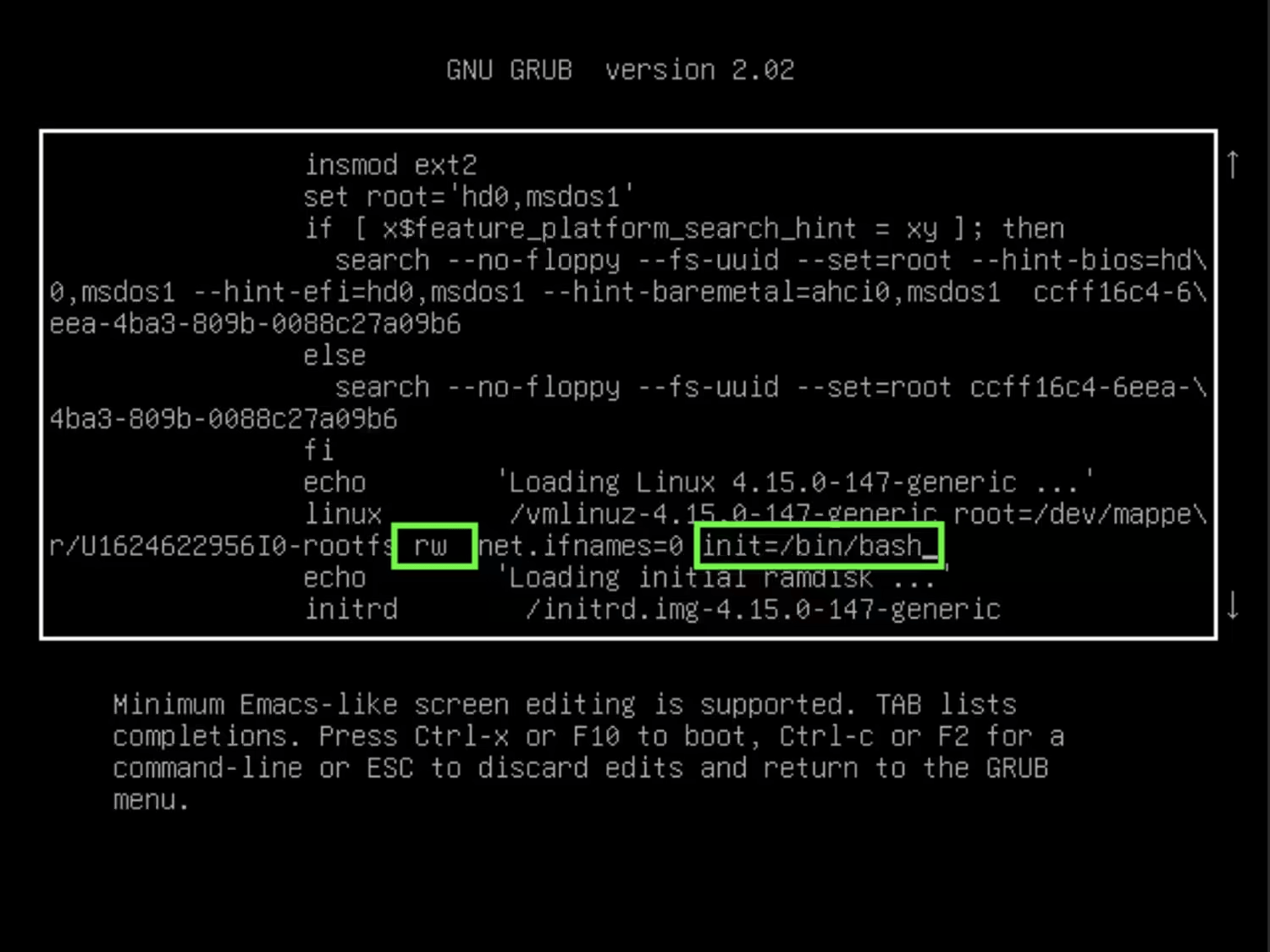 GRUB bootloader screen with kernel boot parameters highlighted