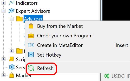 Refreshing the Advisors folder in MetaTrader Navigator
