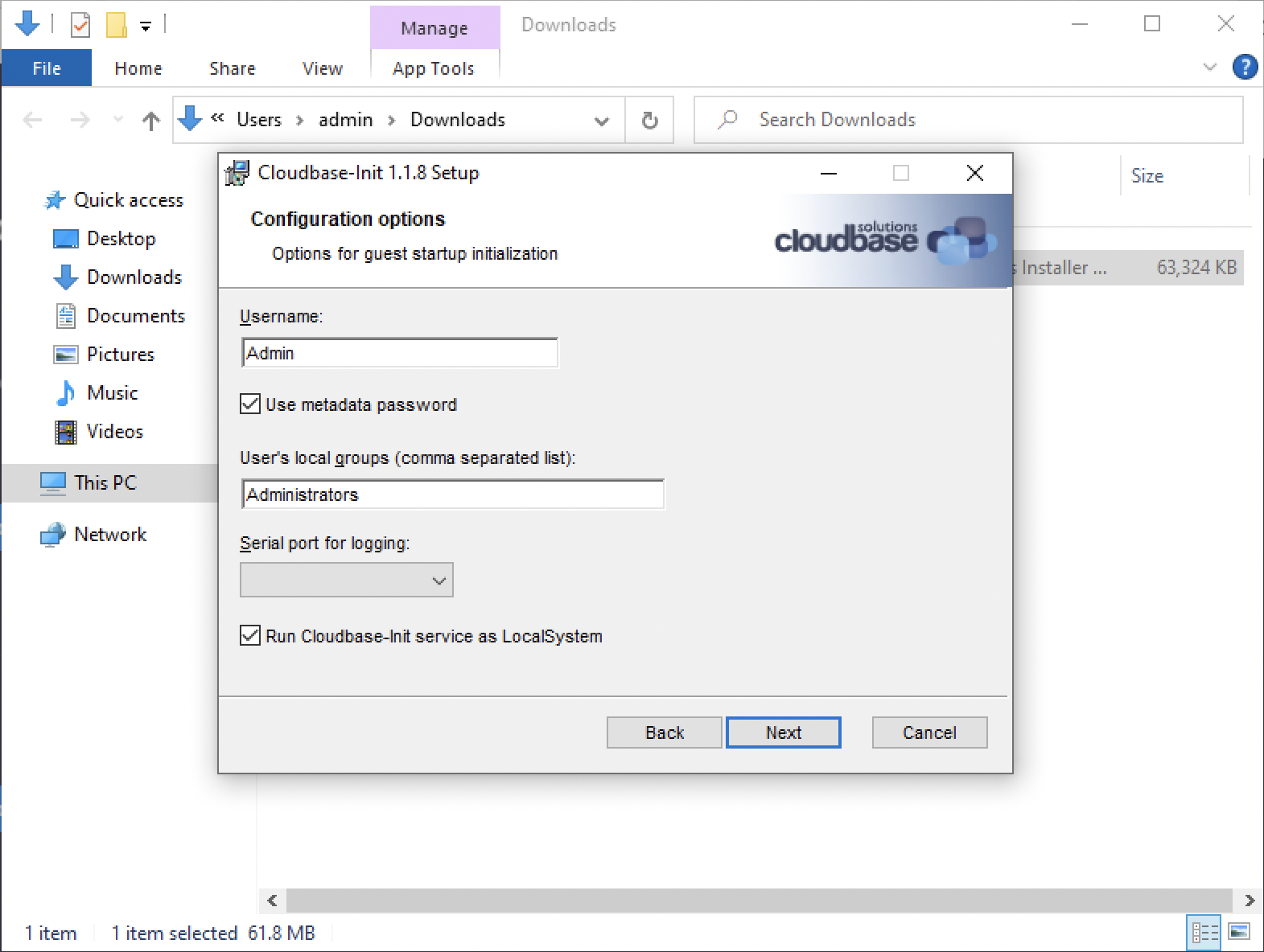 Cloudbase-Init Setup configuration options screen with Run Cloudbase-Init service as LocalSystem selected
