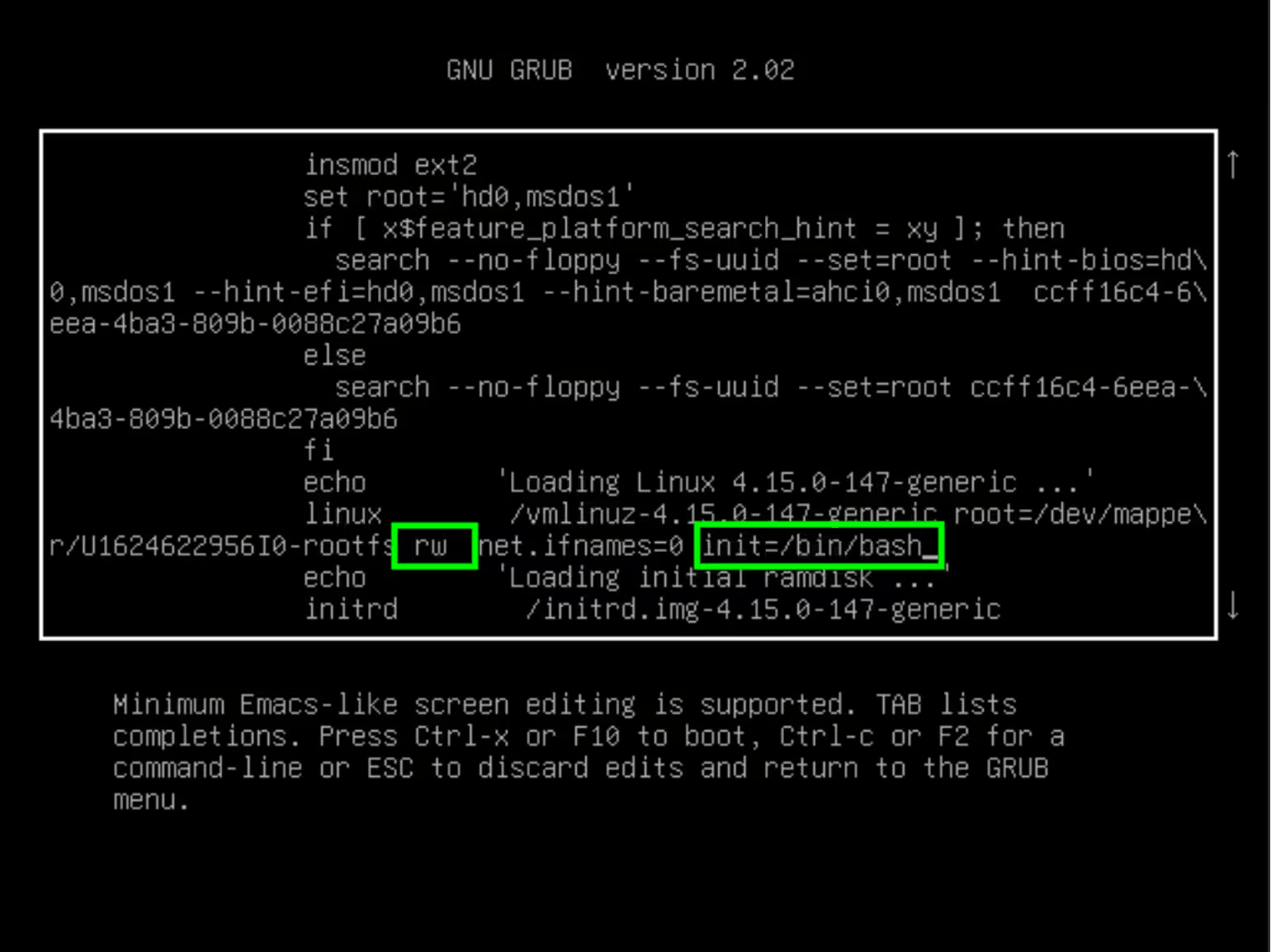 Booting the system in single-user mode via GRUB parameter edit