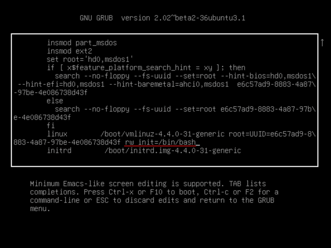 Editing the GRUB parameter and booting the system