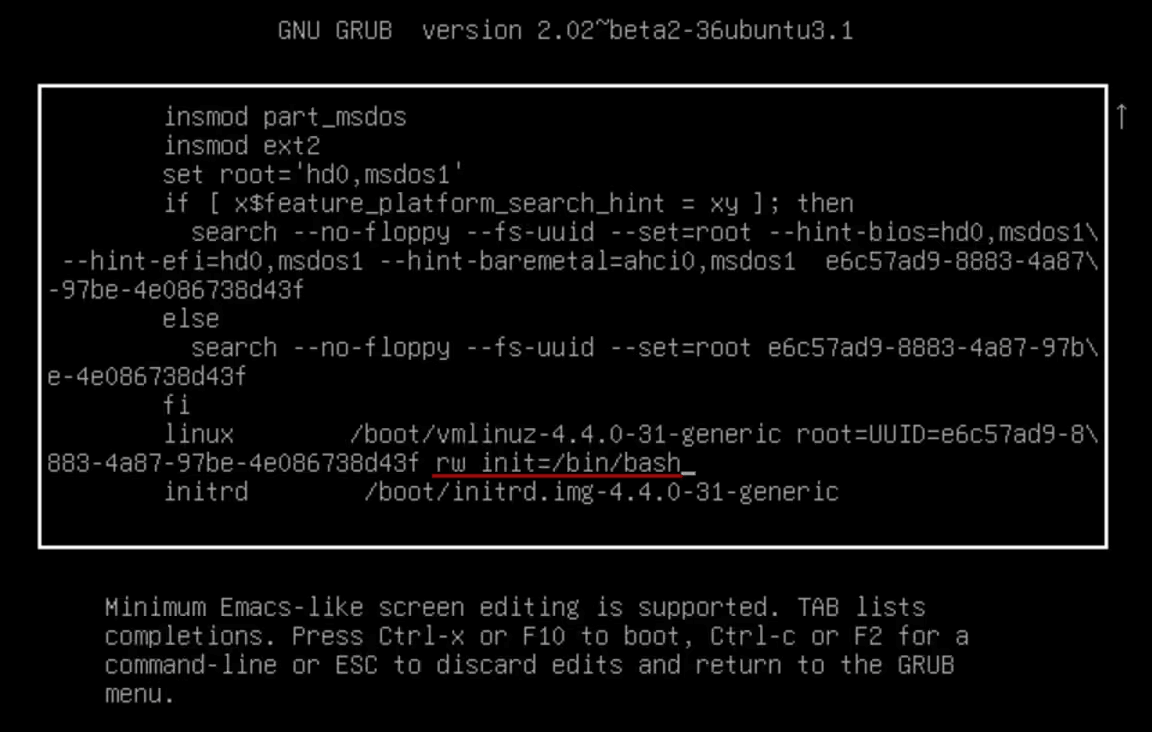 Editing the GRUB parameter and booting the system