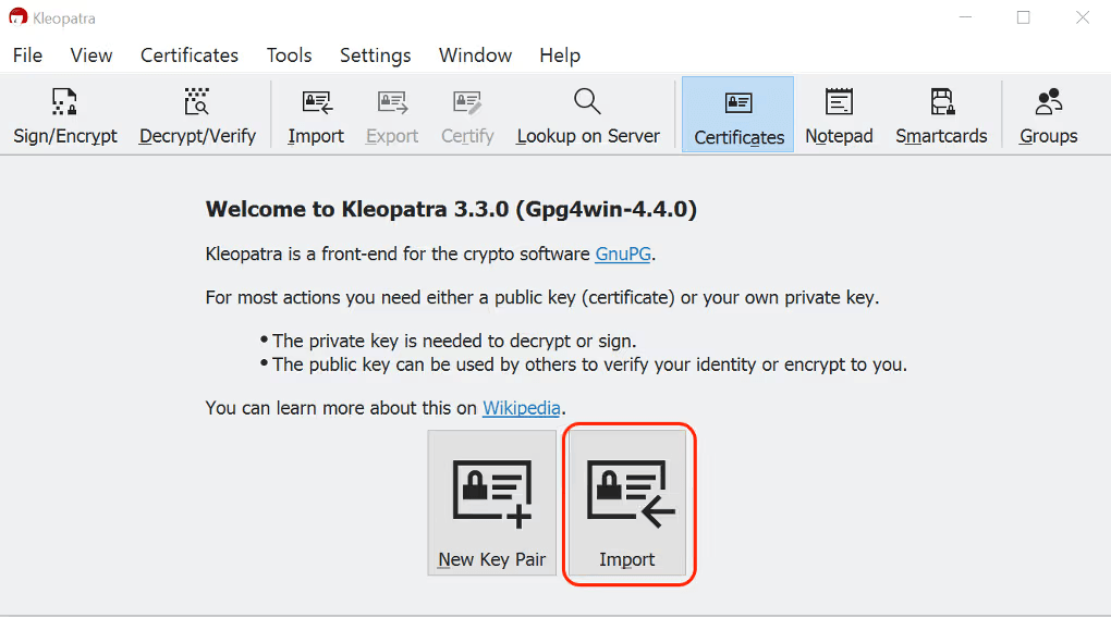 Click Import in Kleopatra