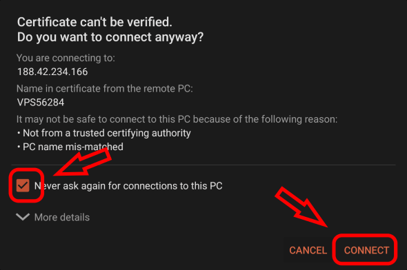Accept certificate and connect