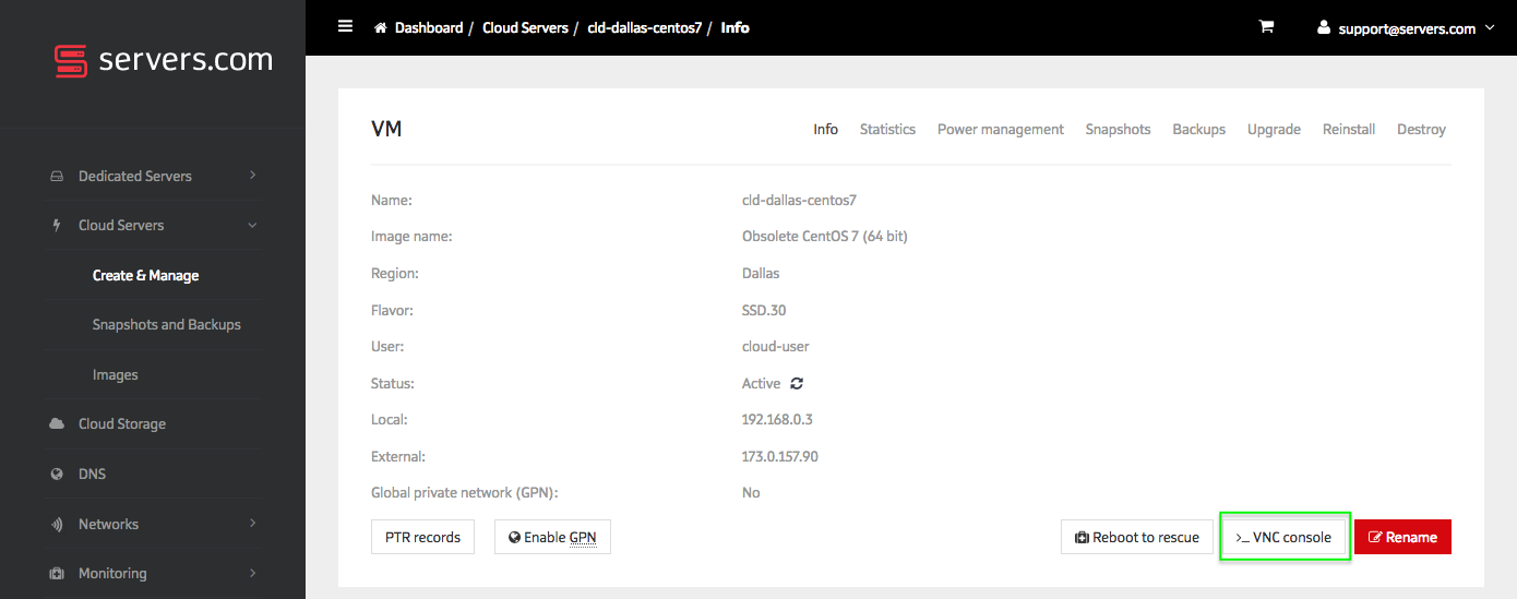 Customer Portal server page with VNC Console button