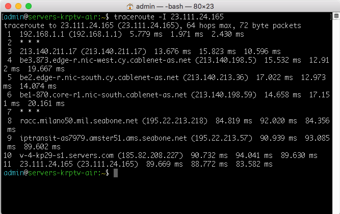Traceroute output showing network path to server