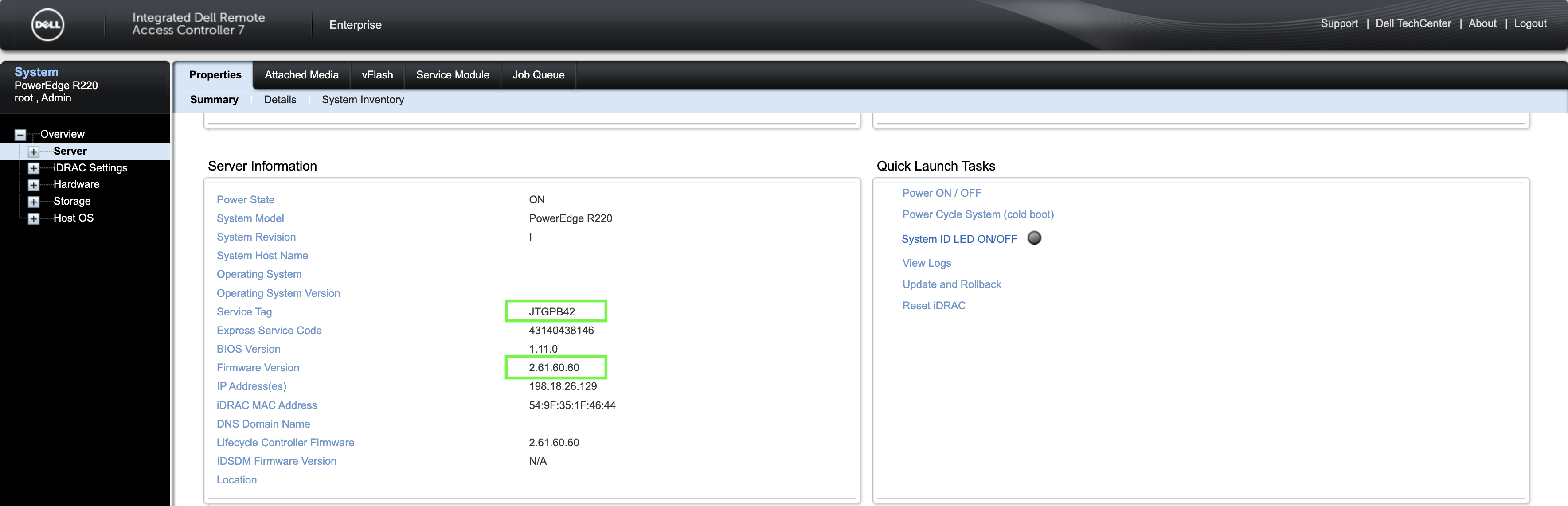 iDRAC Overview > Server page showing the Service Tag and Firmware Version fields