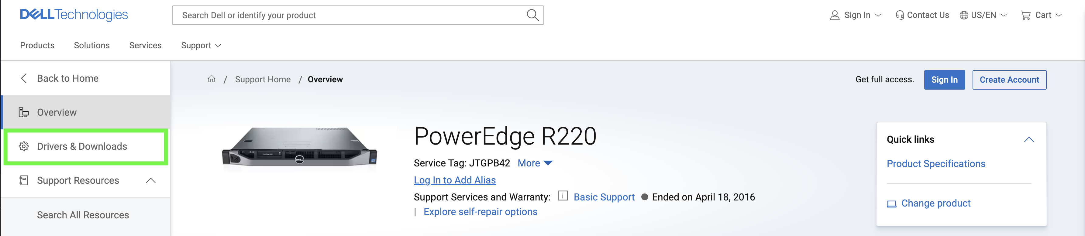 Drivers & downloads page with the iDRAC with Lifecycle Controller download link highlighted