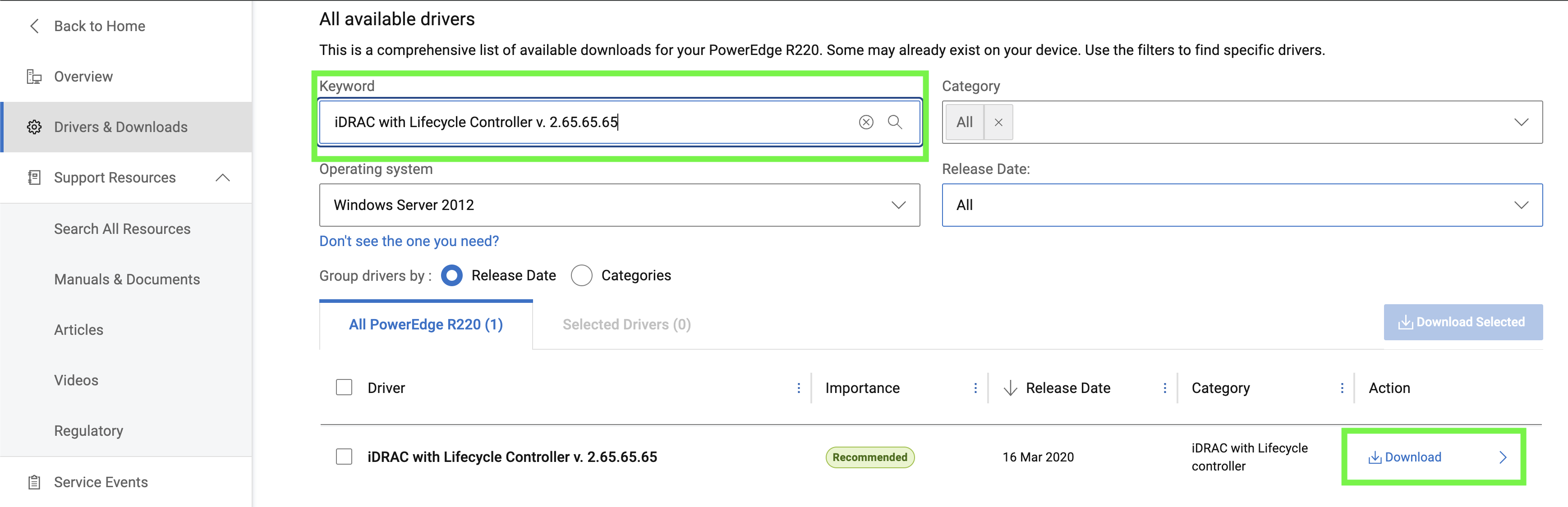 Drivers & downloads page with the iDRAC with Lifecycle Controller download link highlighted
