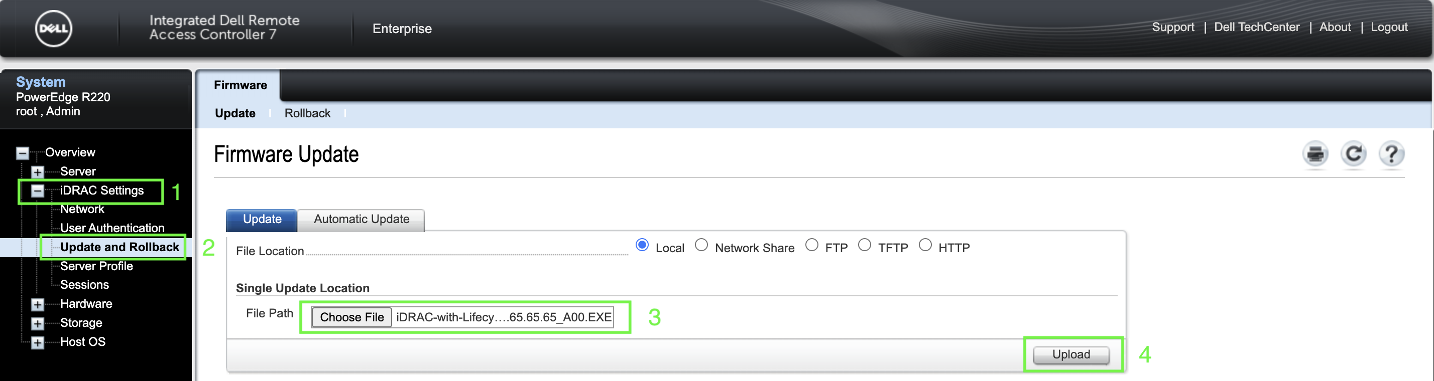 iDRAC Update and Rollback page with the Upload button highlighted