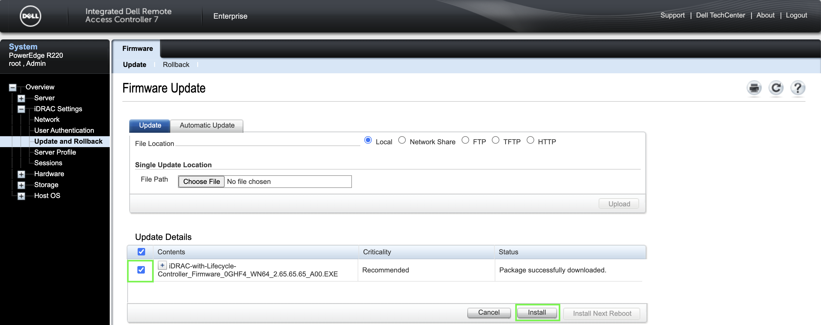 iDRAC Update Details page with the firmware package selected and Install button highlighted