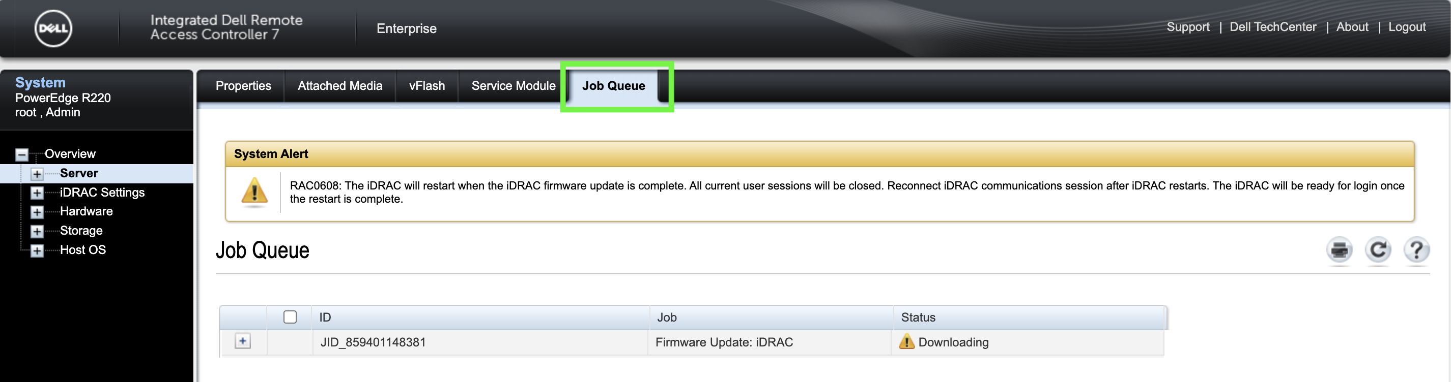 iDRAC Job Queue page