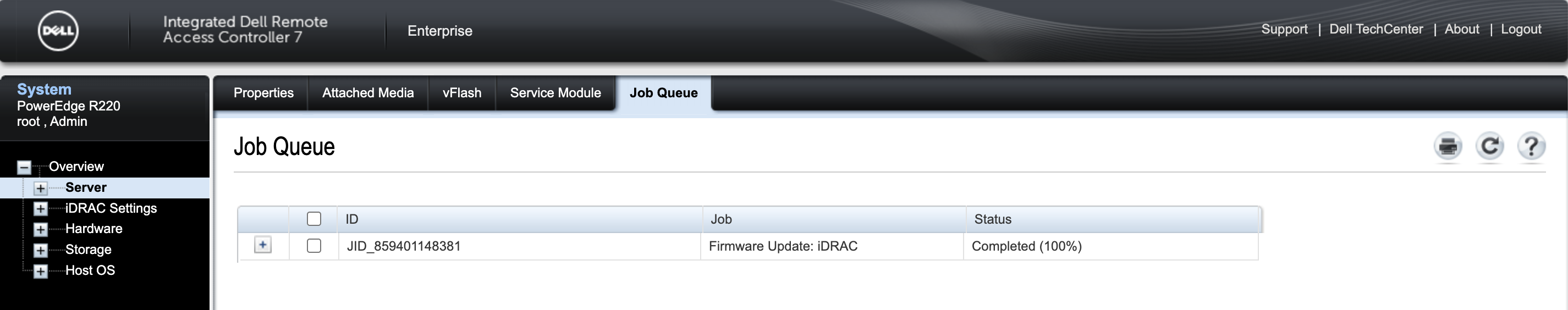 iDRAC Job Queue page with completed firmaware update