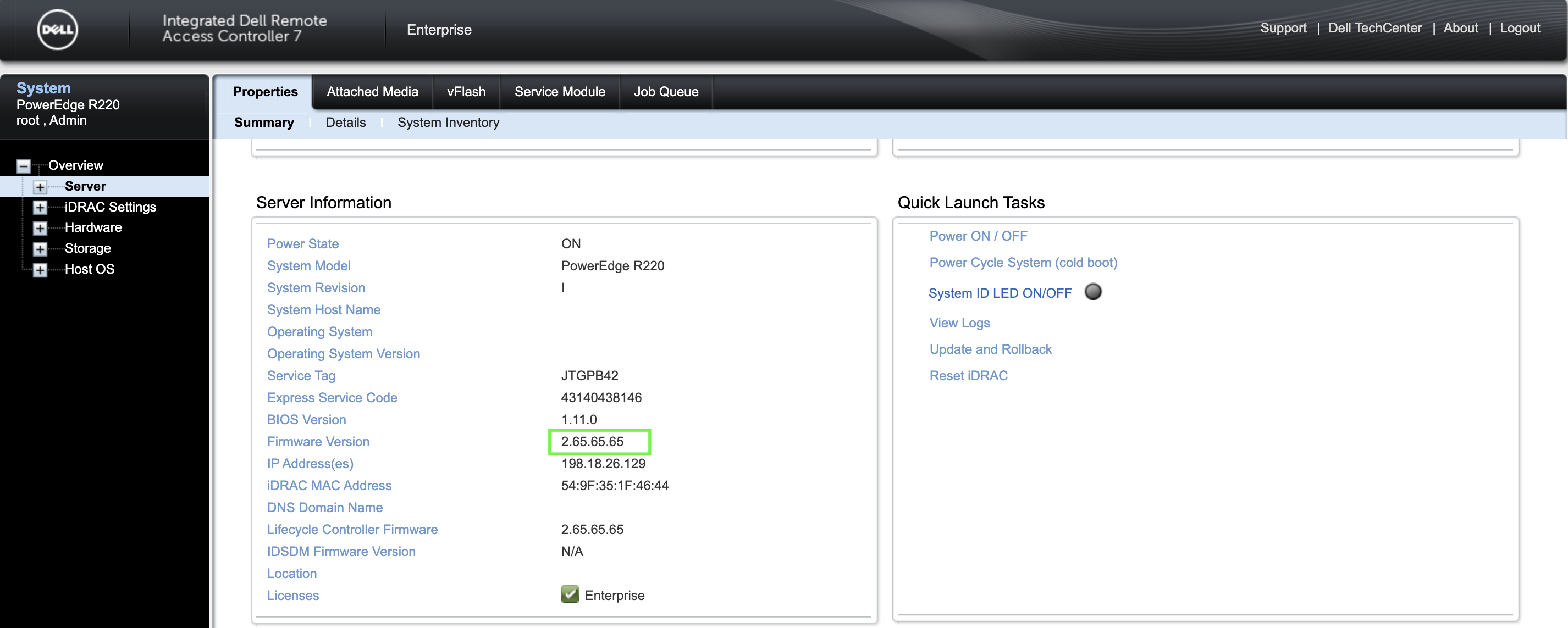 iDRAC Overview > Server page showing the updated firmware version