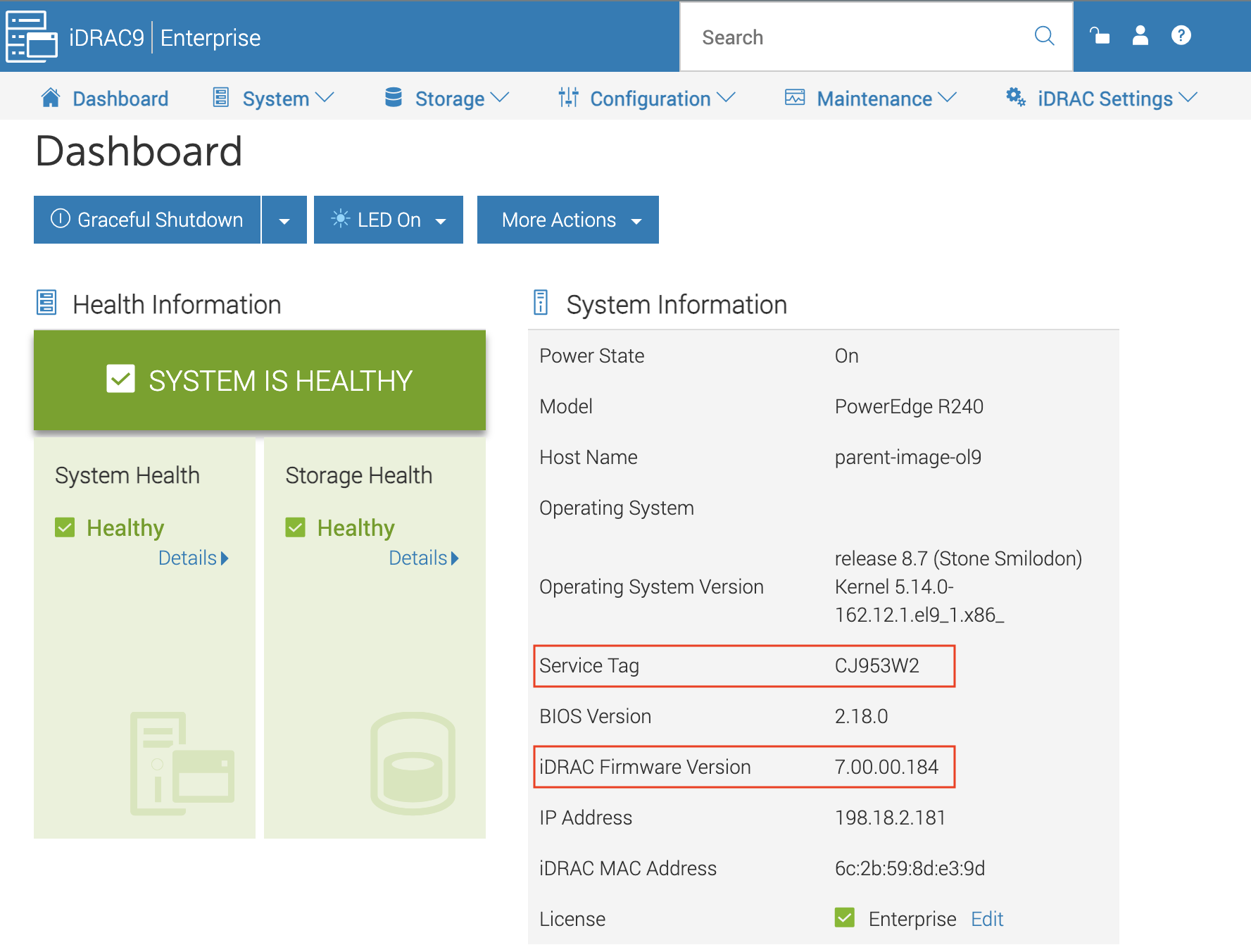 Server page showing the Service Tag and Firmware Version