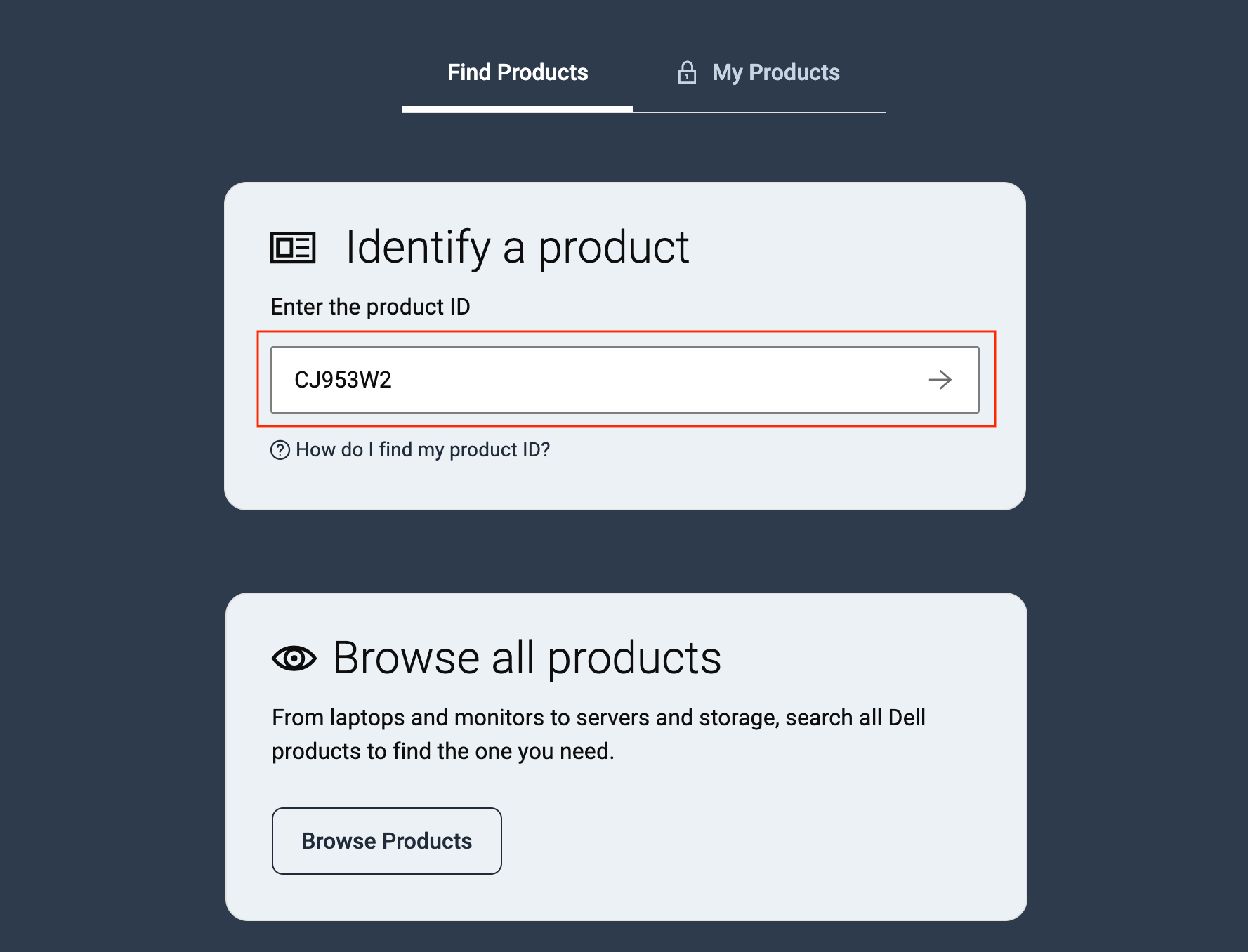 Dell Support page with the Service Tag field