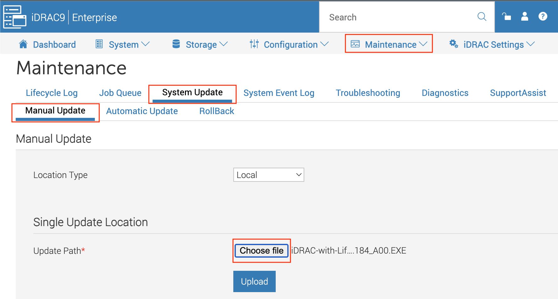 iDRAC System update page with the Upload button