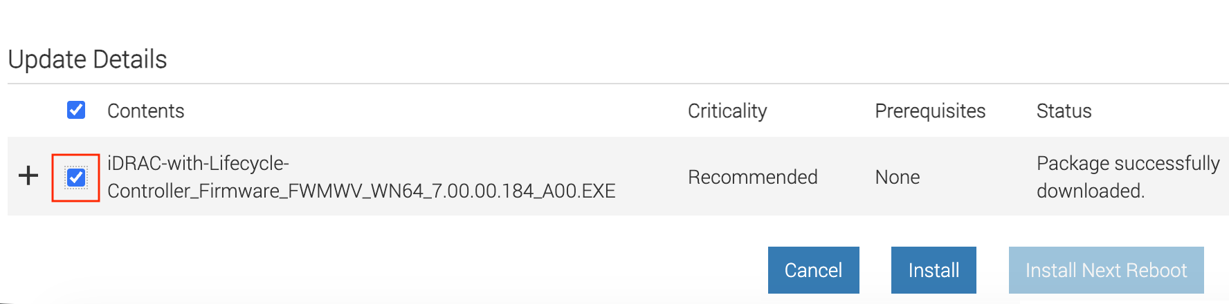 iDRAC Update Details section with the firmware package selected and Install button highlighted
