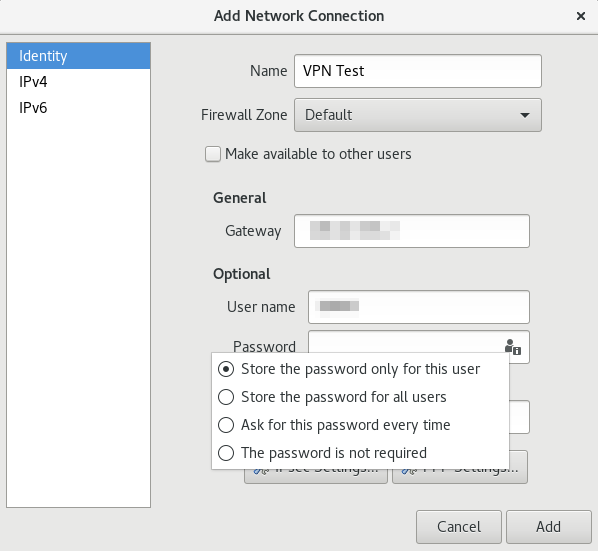 Add Network Connection dialog with the VPN server, user name, password, and IPsec Settings button