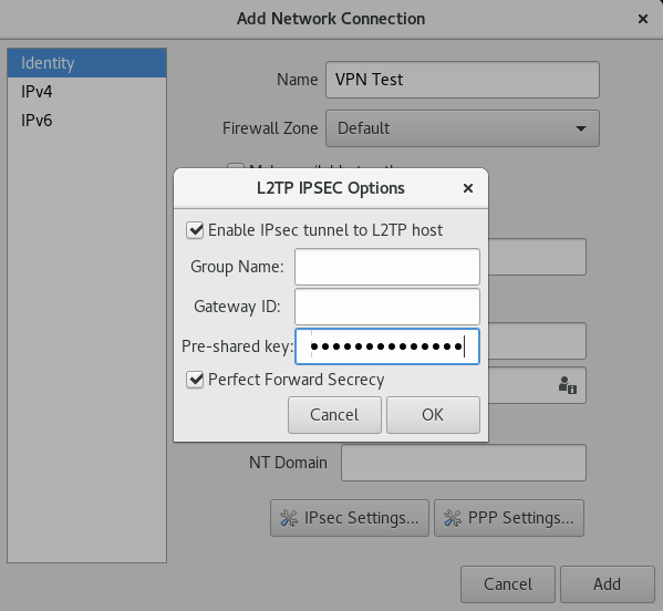 L2TP IPsec Options dialog showing the pre-shared key field