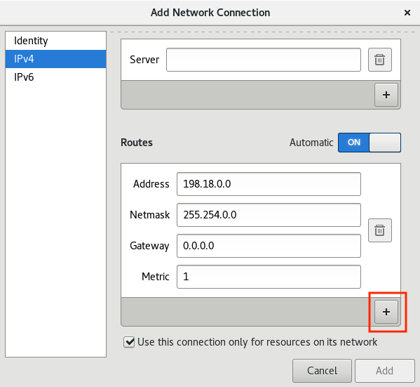 IPv4 settings showing a static route to the 198.18.0.0/15 network and the Add Route button