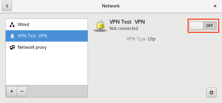 Network settings showing the configured L2TP VPN connection with the enable switch